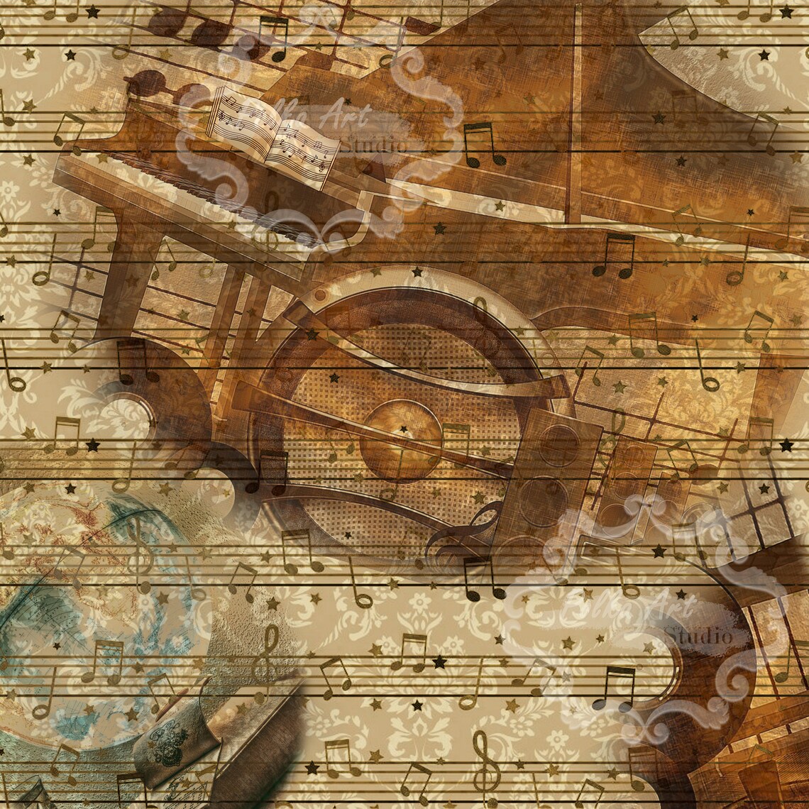 Music Theme Digital Paper Kit Scrapbooking Paper Vintage Etsy