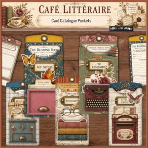 Può includere: Una collezione di tasche decorative per catalogo di schede con design di ispirazione vintage, caratterizzate da motivi di farfalle, foglie autunnali, libri, una macchina da scrivere e una cassetta postale. Le tasche includono etichette come My Notes, To Remember e Thoughts.