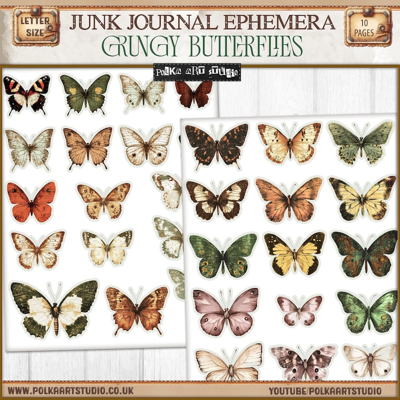 Op de afbeelding: Een vel met 30 digitale printbare grunge-vlinderstickers voor junk journaling. De vlinders zijn in verschillende kleuren en patronen, waaronder bruin, groen, blauw en roze.