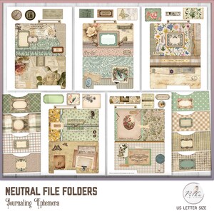 May include: A set of printable file folders with a vintage floral and botanical design. The folders are labeled with words like "Index", "Theatre", "Collections", and "Journal". The folders are designed for use with a standard US letter size paper.
