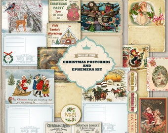 Junk Journal Christmas PostCards and Ephemera Kit / Printable labels, cards, postcards/ Vintage Christmas Instant download