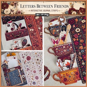 Könnte beinhalten: Letters Between Friends interaktive Journal-Streifen mit Blumen- und Vintage-Motiven. Das Set enthält Papier-Ausschnitte von Teetassen, Schubladen, Umschlägen und Schreibwaren mit komplizierten Mustern in tiefroten, blauen und goldenen Farbtönen.