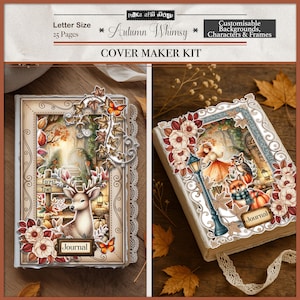 Peut inclure: Deux journaux avec des couvertures décoratives. L'un présente un cerf, l'autre un hibou et un renard, tous deux avec des illustrations sur le thème de l'automne. Les journaux ont des accents floraux et de feuilles, avec les mots "Journal" sur chacun.