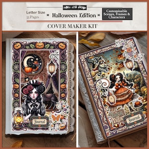 Peut inclure: Un kit de création de couvertures sur le thème d'Halloween avec deux journaux. Les journaux présentent des illustrations de citrouilles, d'une sorcière, d'un chat noir et le texte "Trick or Treat" et "Journal". Le kit comprend des scènes, des cadres et des personnages personnalisables.
