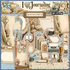 May include: A digital ephemera add-on kit for journaling featuring vintage-style illustrations of typewriters, scissors, wax seals, books, butterflies, and floral frames. The collection includes various paper tags, postcards, and labels with ornate borders.