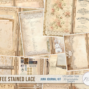 Kit de journal indésirable, pages de journalisation décoratives en dentelle neutre shabby chic, journal imprimable vintage, feuilles de collage, papiers à téléchargement numérique