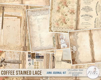 Shabby Chic Junk Journal Kit: Neutral Lace, Vintage Printable Pages (Digital Download)