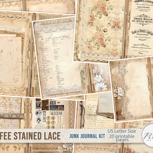 Junk Journal Kit Shabby Chic Neutral Lace Decorative Journaling Pages, Vintage  Printable Journal, Collage Sheets, Digital Download Papers