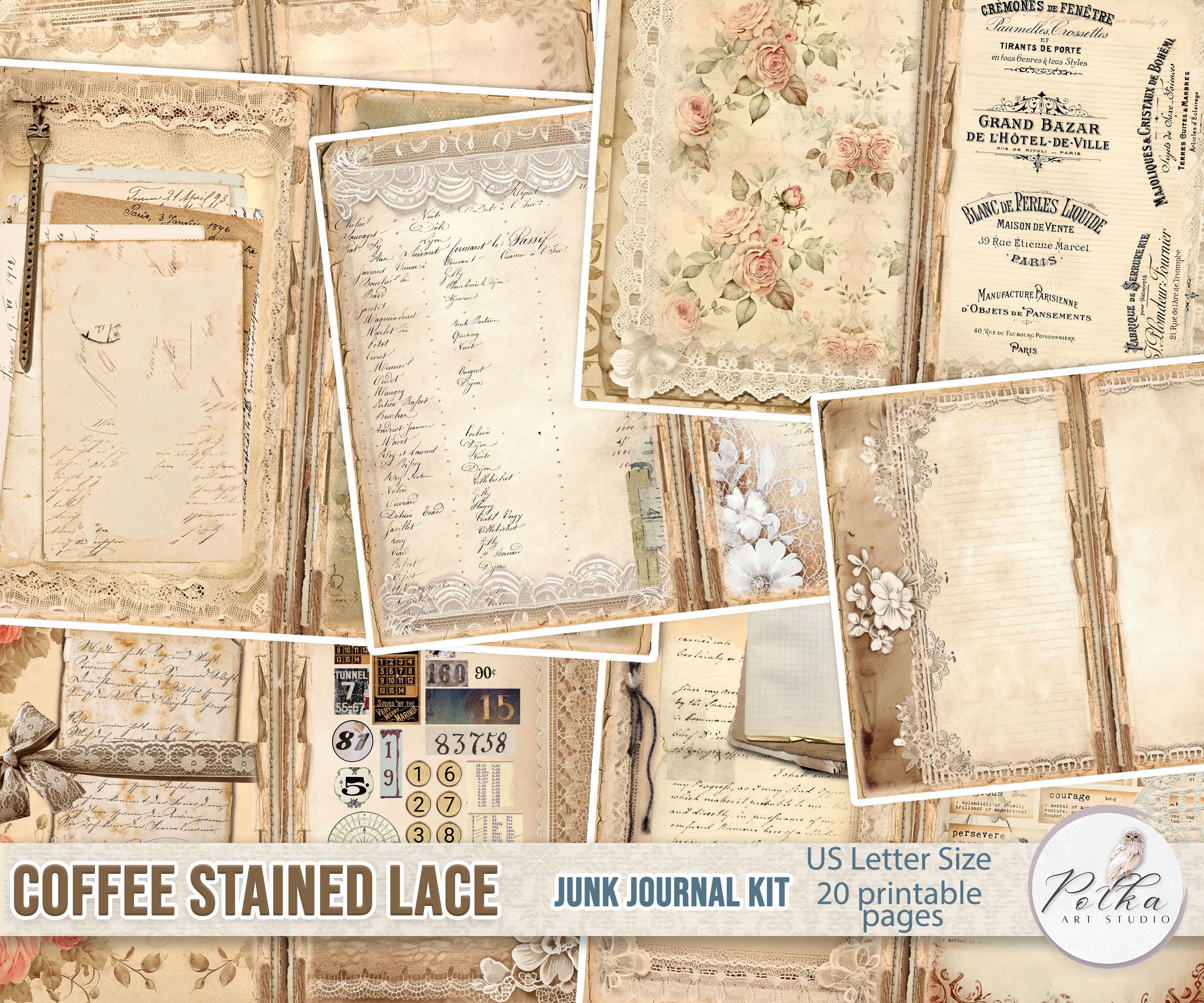 Shabby Chic Junk Journal Kit: Neutral Lace, Vintage Printable Pages ...
