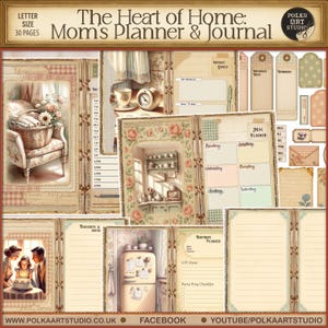 May include: A vintage-style Mom's Planner & Journal with a floral design. The planner includes sections for weekly goals, meal planning, and a birthday planner. The cover features the text "The Heart of Home: Mom's Planner & Journal". The planner is letter size and has 30 pages.