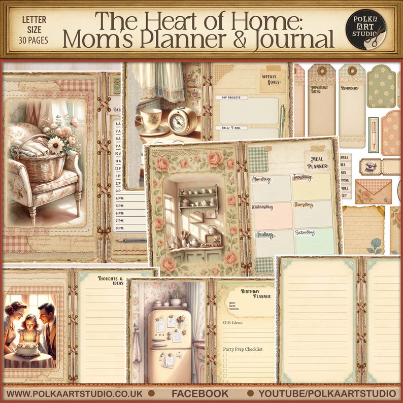 May include: A vintage-style Mom's Planner & Journal with a floral design. The planner includes sections for weekly goals, meal planning, and a birthday planner. The cover features the text "The Heart of Home: Mom's Planner & Journal". The planner is letter size and has 30 pages.