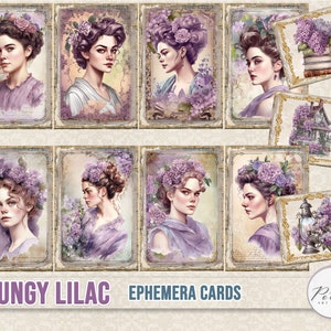 Junk Journal cartes éphémères vintage dames victoriennes élégantes, pages de journal lilas imprimables papiers collage shabby chic, scrapbooking, kit Digi