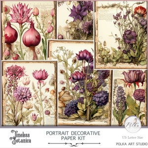 Kit numérique de journalisation de portrait botanique vintage, pages de journal décoratives imprimables florales, feuille de collage à base de plantes, kit de papier de scrapbooking