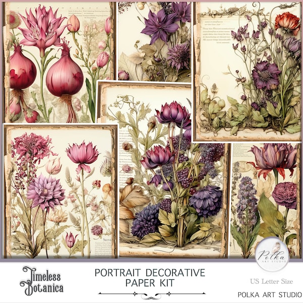 Vintage Botanical Portrait Journaling Digital Kit, Floral Printable Decorative Journal Pages, Herbal Collage Sheet, Scrapbook Paper Kit