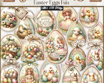 May include: A collection of decorative Easter egg tags with various designs. The tags feature illustrations of chicks, bunnies, lambs, and girls, along with baskets of eggs and floral accents. The text "Happy Easter" is visible on one tag. The tags are letter size.