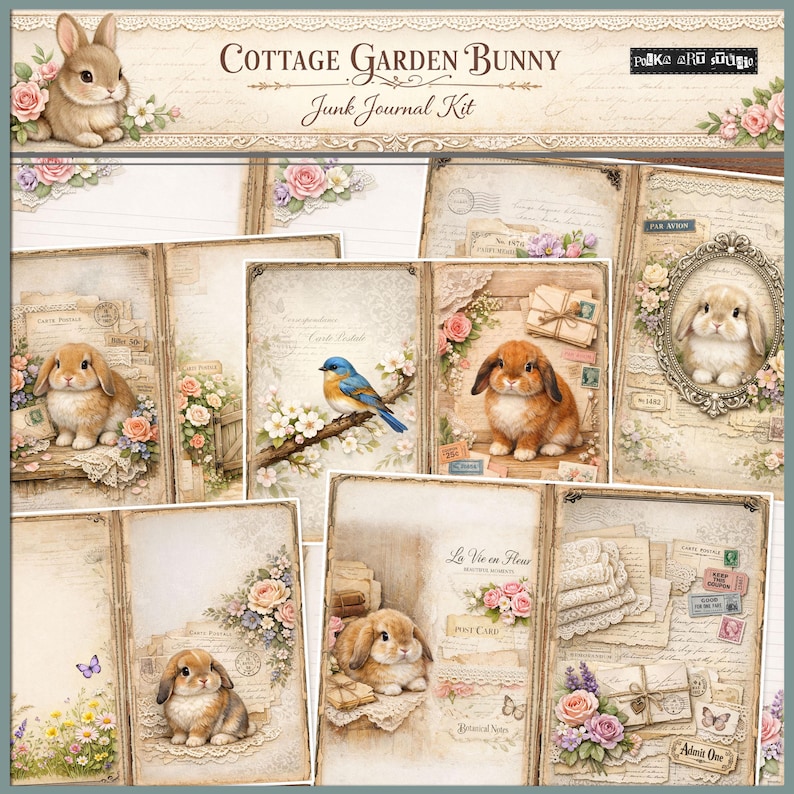Cottage Garden Bunny Digital Junk Journal Kit, Shabby Chic Spring ...