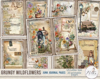 Junk Journal Digital Kit Vintage Grunge Wildflowers Journal Pages Printable Shabby Chic Collage Papers, Spring Journal, Scrapbook,Digi Kit