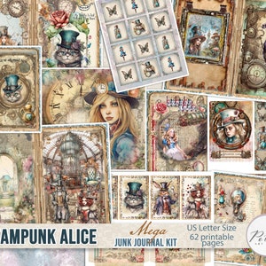 Kit digitale Junk Journal Steampunk Alice nel paese delle meraviglie Mega kit vintage stampabile, carte collage, download stampabile, album di ritagli, artigianato di carta