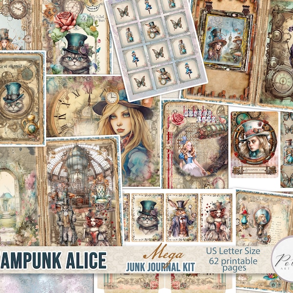 Junk Journal Digital Kit Steampunk Alice im Wunderland druckbare Vintage Mega Kit, Collage Papiere, druckbare Download, Scrapbook, Paper Craft