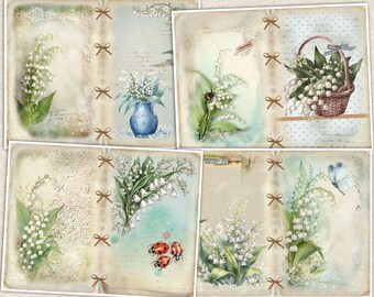 かおり494)オンデマンドペーパー Junk Journal Digital Kit Vintage Grunge Lily of the Valley
