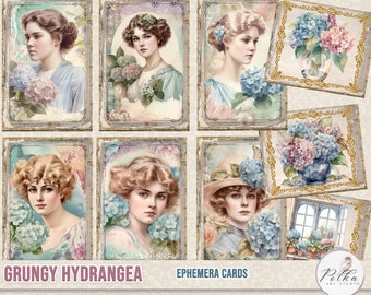 Junk Journal Vintage Ephemera Cards Elegant Victorian Ladies, Hydrangea Journal Floral Pages Printable Shabby Chic Collage Papers,Scrapbook