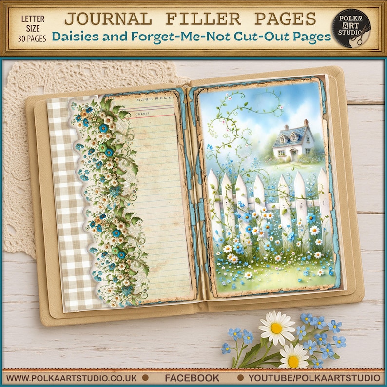 Pu&ograve; includere: Diario aperto con pagine di riempimento a tema floreale. La pagina sinistra presenta un motivo a scacchi e finiture floreali. La pagina destra mostra una scena di cottage con una staccionata bianca e margherite. Il diario &egrave; intitolato "Journal Filler Pages".