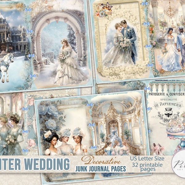 Digital Junk Journal Kit Victorian Winter Wedding, Blue Bridal Journaling Pages, Printable  Download,Vintage Wedding, Ephemera