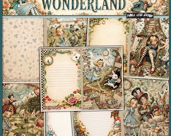 WONDERLAND COLLECTION Junk Journal Kit Supplies –  Alice in Wonderland Shabby Chic Journal | Storybook Scrapbook Papers Digital Download