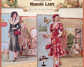 Modern Lady Display Pop UP Fold out Display Scene –  Vintage Junk Journal Ephemera Shabby Chic Printable Pages Digital Download