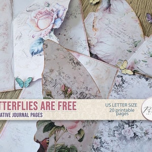 Junk Journal Dekorative Schmetterling Seiten, Cut-out Journal Insert, Shabby Chic Rosen, Blumen, Journaling druckbare Seiten, digitaler Download