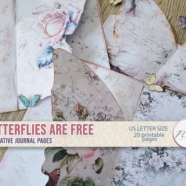Junk Journal Decorative Butterfly Pages, Cut-out Journal Insert, Shabby Chic Roses, Flowers, Journaling Printable Pages, Digital Download
