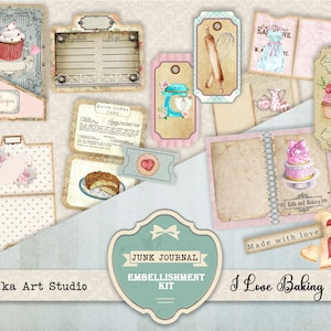 May include: A set of printable digital scrapbook paper embellishments for junk journals with a baking theme. The papers feature images of cakes, cupcakes, and other baking-related items. The papers are designed in a vintage style with a pastel colour palette. The text "I Love Baking" is featured on the papers.