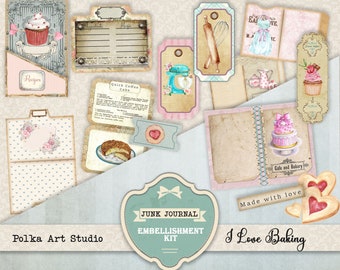 Junk Journal Embelishments Kit " I Love Baking" Printable Download journaling kit, Shabby Chic Vintage Papers, Instant Download Ephemera