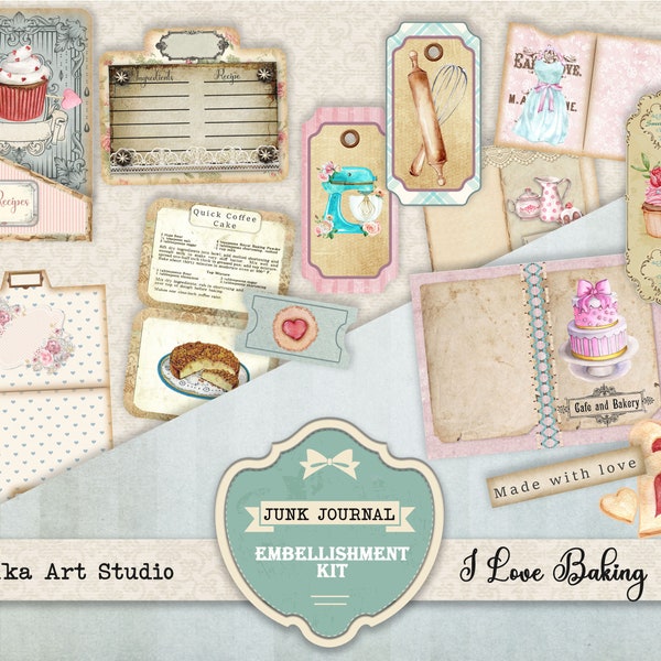 Junk Journal Embelishments Kit " I Love Baking" Printable Download journaling kit, Shabby Chic Vintage Papers, Instant Download Ephemera