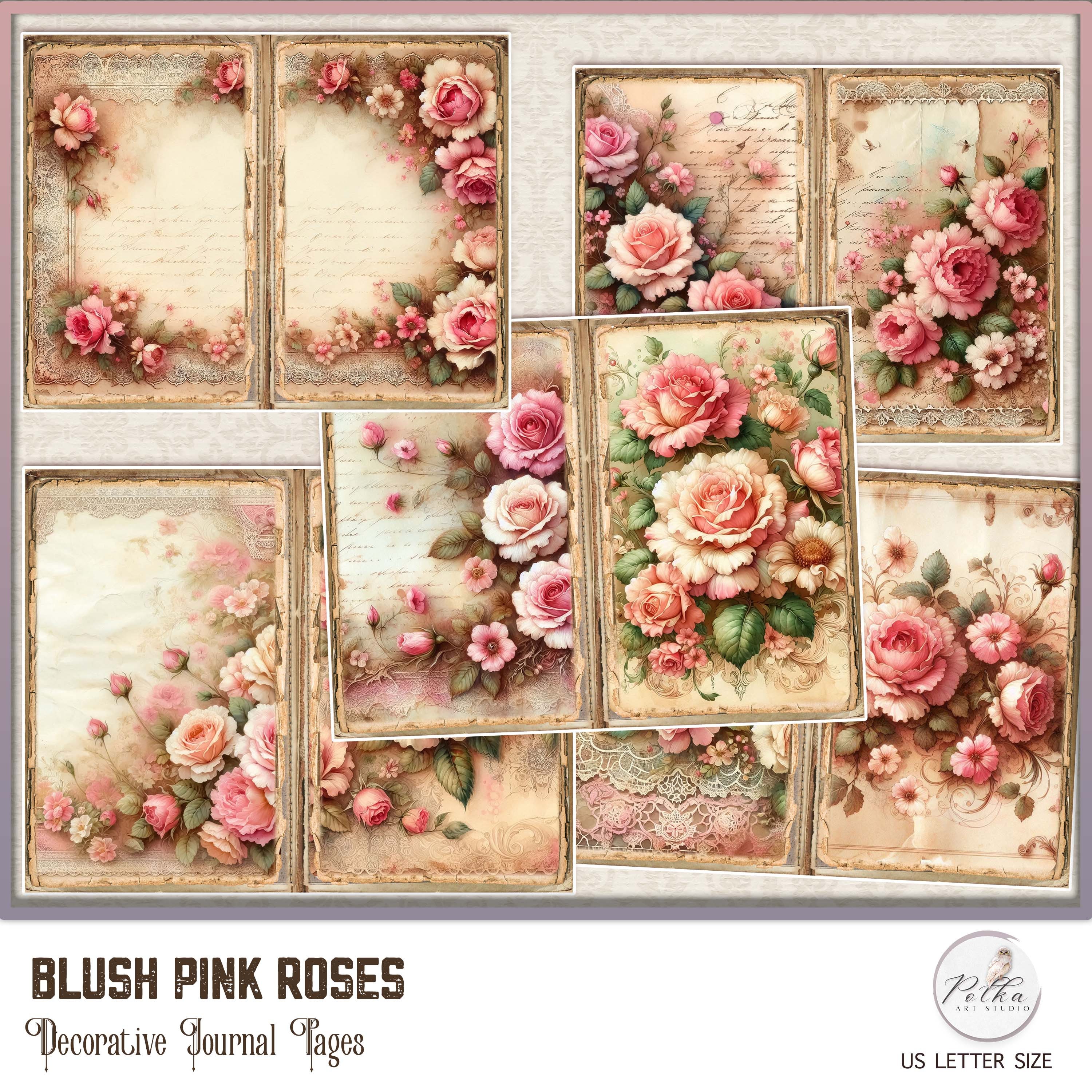 Pink Roses Junk Journal Pages: Vintage Watercolor Scrapbook Paper ...
