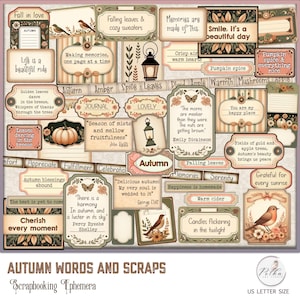 Kit de palavras para scrapbooking de outono com diário digital, palavras para diário, enfeites, etiquetas, itens vintage, download para impressão TL2
