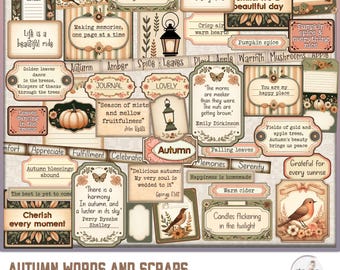 May include: A collection of autumn-themed scrapbook paper scraps with various colors, patterns, and text. The scraps feature images of leaves, pumpkins, butterflies, and birds. The text includes quotes about autumn, such as "Fall in love" and "Delicious autumn! My very soul is wedded to it."