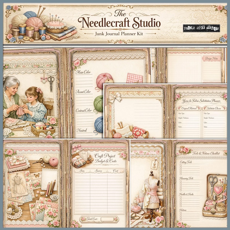 Kit de diario basura para planificador de manualidades de Needlecraft Studio: páginas de diario de costura y tejido, estilo shabby chic vintage, descarga digital imprimible imagen 5