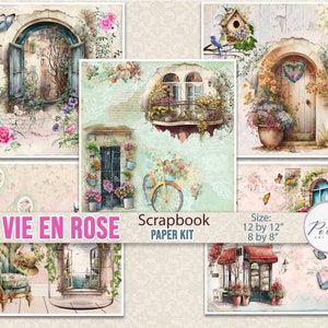 "Druckbares Scrapbooking Kit, ""La Vie En Rose"" Dekorative Papiere, Scrapbook Papiere, Türen und Fenster, Frühling/Sommer Collage Papiere."
