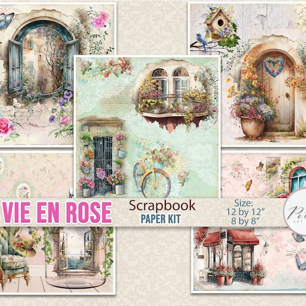 Kit numérique imprimable pour scrapbooking, papiers scrapbok décoratifs « La vie en rose », portes et fenêtres, papiers collage printemps/été