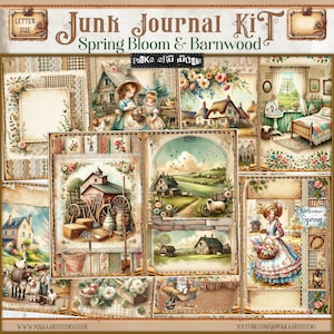 Kit diario di primavera stampabile digitale, pagine di diario vintage rustico, carte decorative scaricabili digitalmente, Cottagecore Countryside