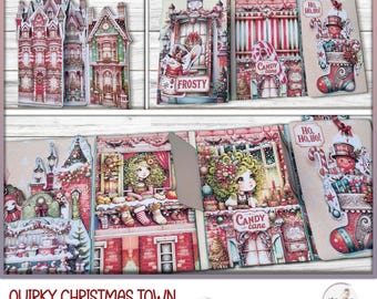 Junk Journal Folding Folio Christmas Fantasy Booklet, Quirky Town Digital Download, Printable Instant Download ,Ephemera, Craft Kit Project