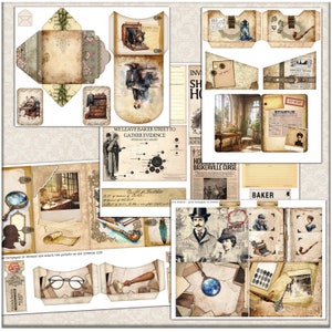 May include: A vintage-style printable scrapbook kit with a detective theme. The kit includes images of a magnifying glass, a pipe, a map, a newspaper, and a vintage camera. The kit also includes text such as "Baker Street" and "Top Secret".