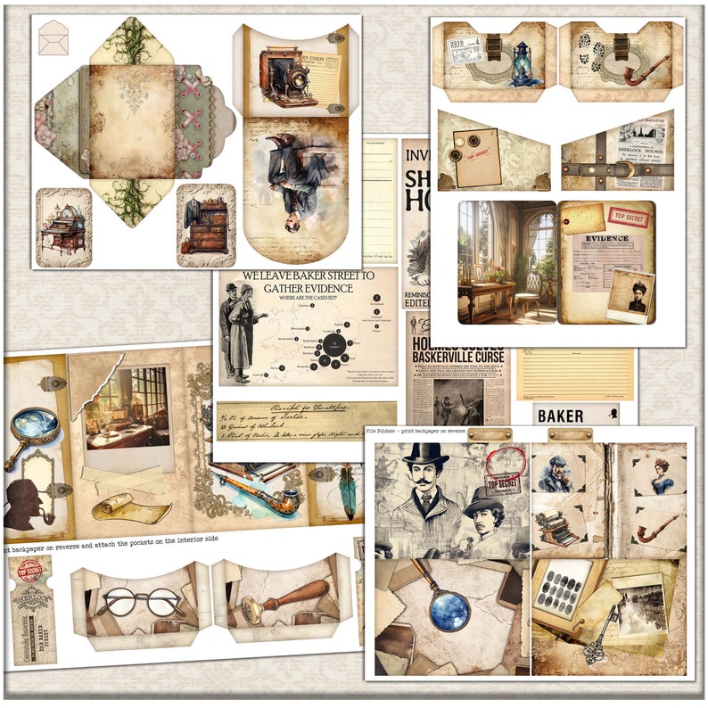 May include: A vintage-style printable scrapbook kit with a detective theme. The kit includes images of a magnifying glass, a pipe, a map, a newspaper, and a vintage camera. The kit also includes text such as "Baker Street" and "Top Secret".