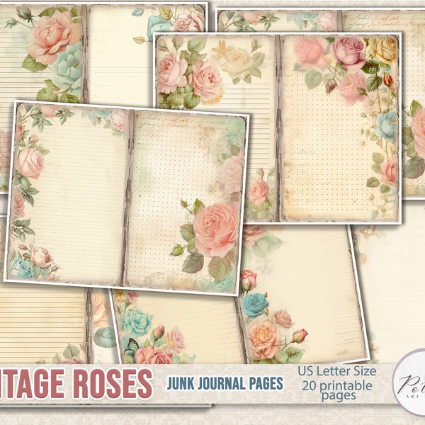 Junk Journal, Victorian, Shabby Chic Lined Roses Journal Pages, Flowers, Spring / Summer Printable Digital Download , Scrapbook, Digi Kit,