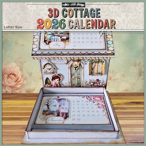 May include: A 3D cottage-themed 2026 calendar. The calendar is designed to resemble a miniature house, with detailed illustrations of cottage scenes. The calendar includes the text "3D Cottage 2026 Calendar" and "Letter Size".