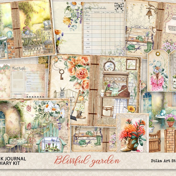 Junk Journal Kit Gartentagebuch, großer druckbarer Journaling-Planer für Garten, botanische, florale dekorative Seiten, digitale florale Ephemera