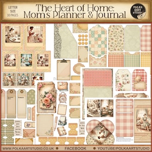 May include: A collection of stationery items with a vintage aesthetic. The items include journal pages, tags, stickers, and cards with floral and patterned designs. The text "The Heart of Home: Mom's Planner & Journal" is displayed at the top. The image also includes the text "Letter Size 30 Pages".