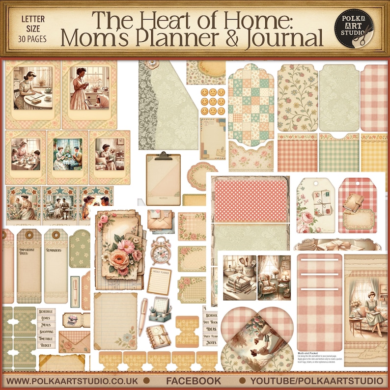 May include: A collection of stationery items with a vintage aesthetic. The items include journal pages, tags, stickers, and cards with floral and patterned designs. The text "The Heart of Home: Mom's Planner & Journal" is displayed at the top. The image also includes the text "Letter Size 30 Pages".
