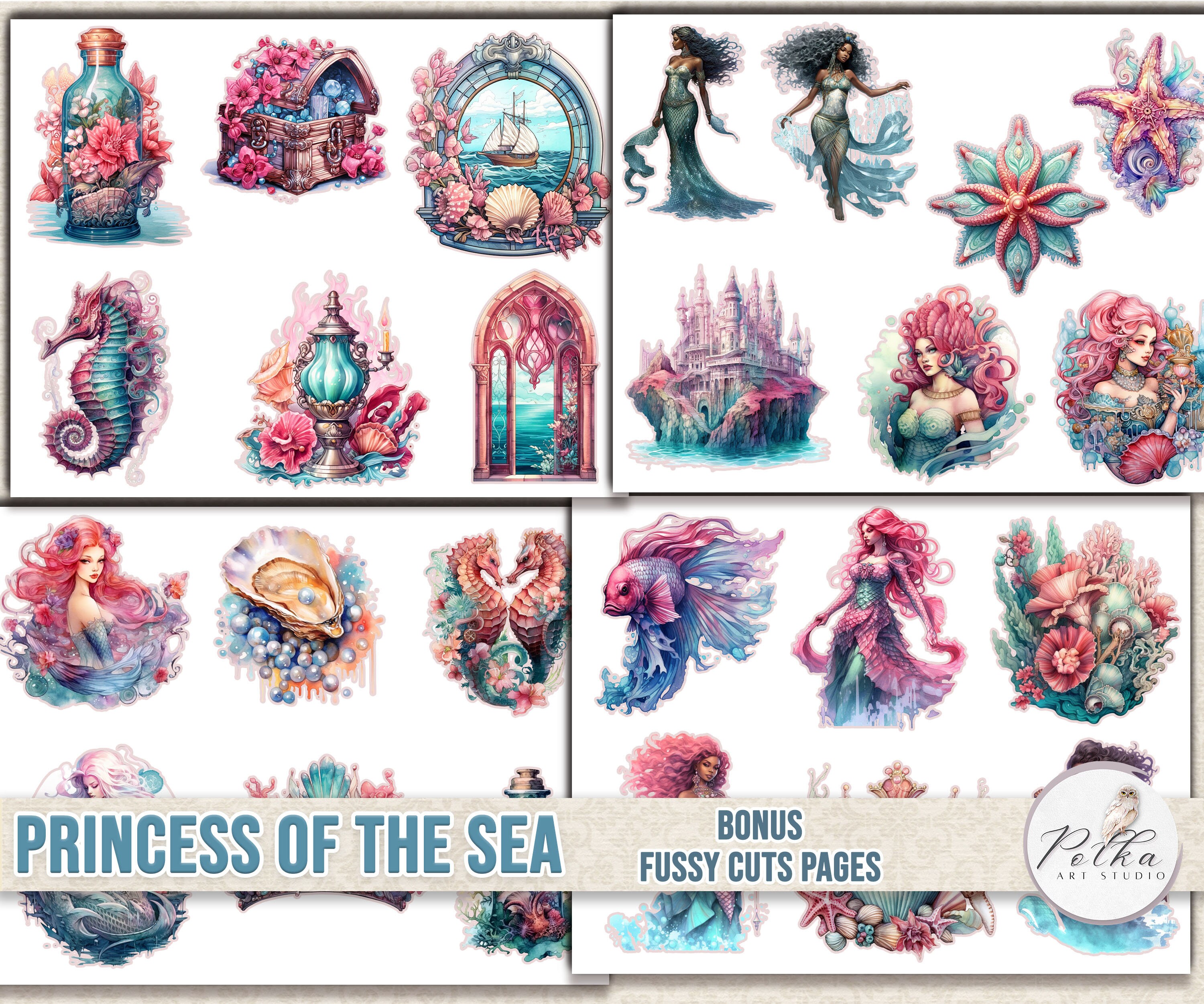Mermaid Clipart Set: Watercolor Sea Fantasy PNG Images (digital ...